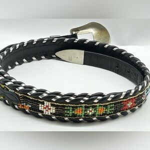 Al Beres Black Leather Beaded Belt Multicolor Bead Accents Silver Overlay WAGE